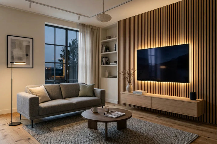 Cinewall met akoestische lattenwand panelen achter de televisie