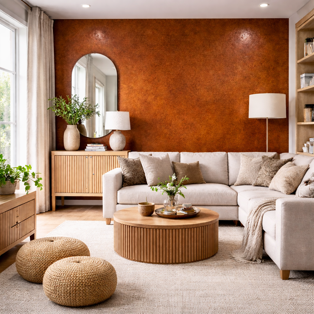 SPC wandpaneel roestbruin als accentwand in warme woonkamer met beige bank en houten meubels