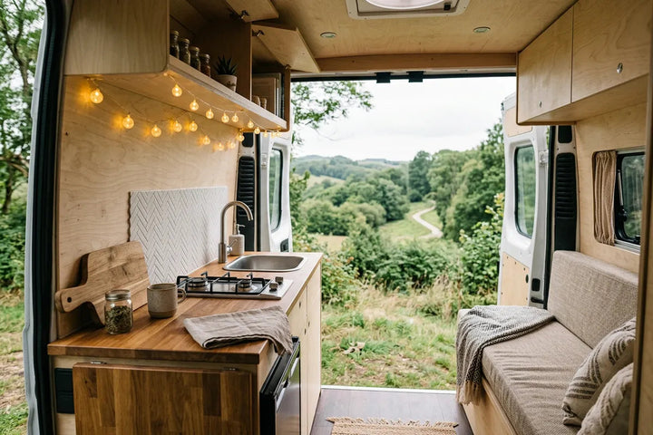 Camper interieur gepimpt met plaktegels keukenachterwand