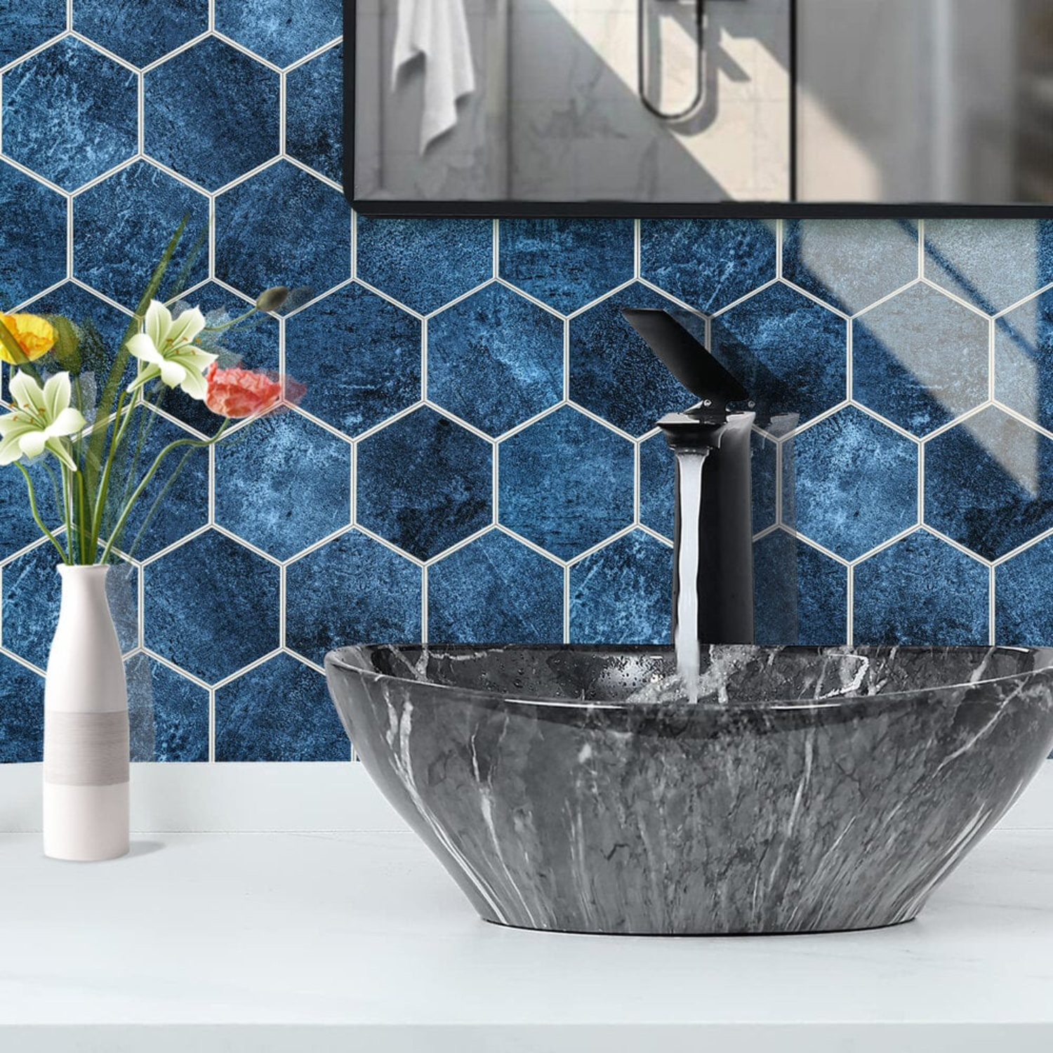 Zelfklevende tegels - Hexagon Deep Blue - 29,2 x 25,4 cm - afbeelding 3