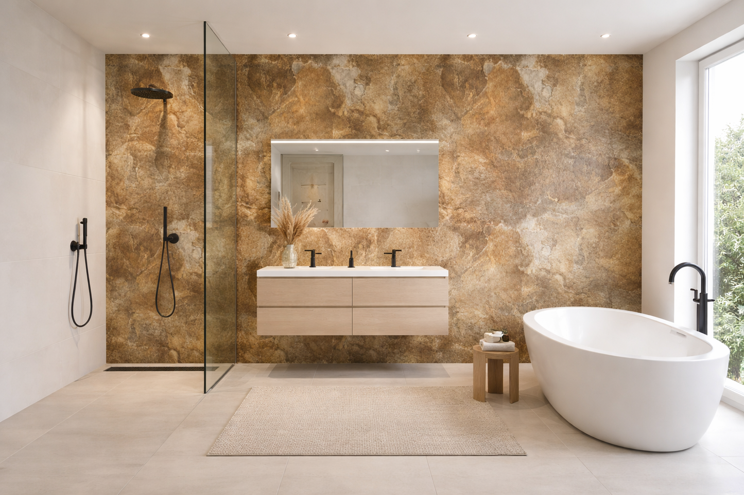 Moderne badkamer met luxe SPC wandpaneel in warme marmerlook, gecombineerd met vrijstaand bad, inloopdouche en strak wastafelmeubel.