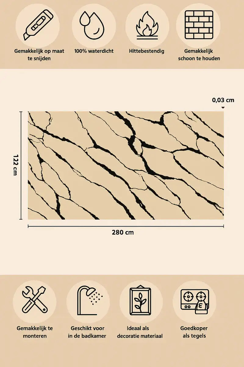 Waterproof PVC wall panel with a black and beige marble design, showing dimensions and key features