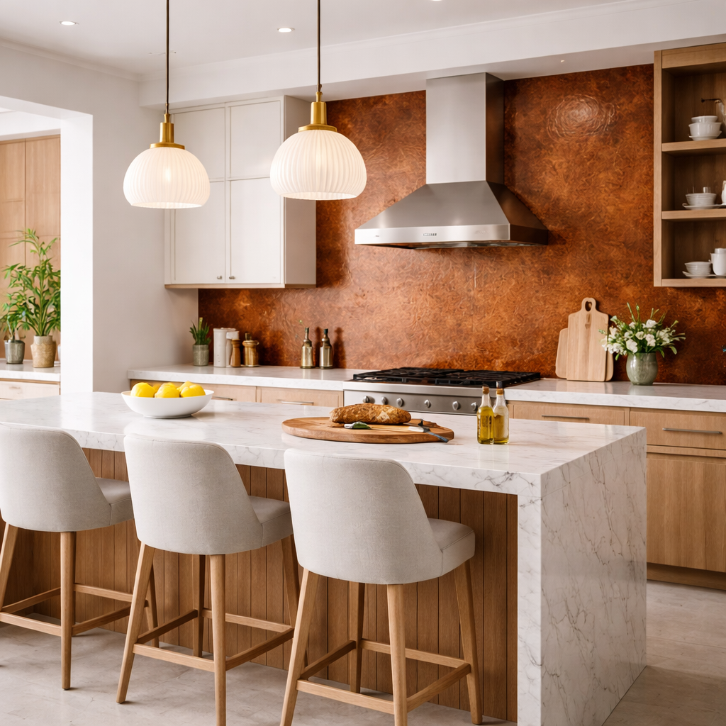 SPC wandpaneel roestbruin als achterwand achter het fornuis in moderne keuken met marmeren kookeiland