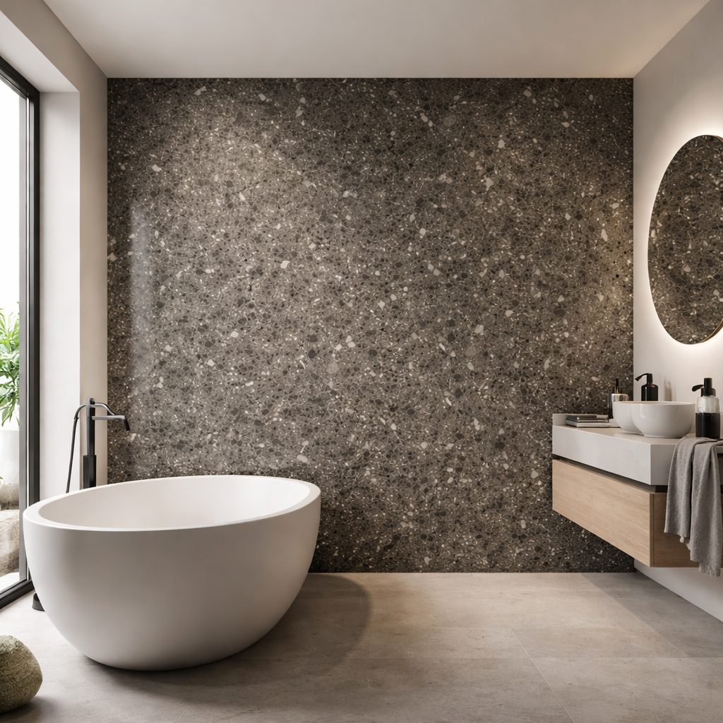 Moderne badkamer met donkergrijs terrazzo SPC wandpaneel waterdicht achter vrijstaand bad en wastafel
