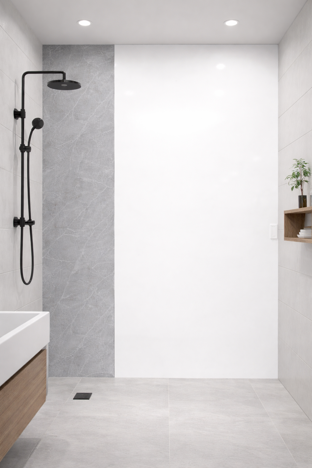 SPC wandpaneel puur wit mat in moderne badkamer douche