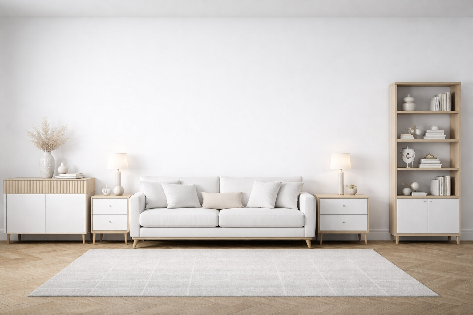 SPC wandpaneel puur wit mat in moderne minimalistische woonkamer