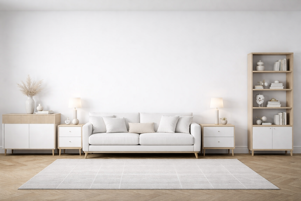 SPC wandpaneel puur wit mat in moderne minimalistische woonkamer