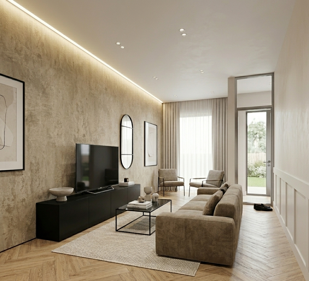 Moderne woonkamer met betonlook SPC wandpanelen, warme verlichting en strak interieur met tv-meubel en comfortabele zitbank