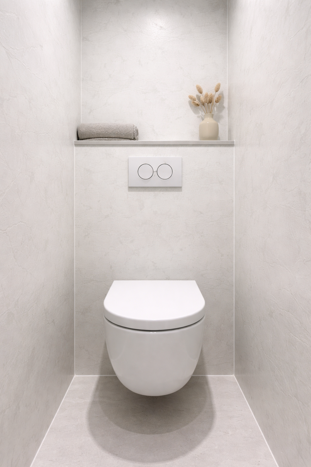 Minimalistisch toilet met Snowwhite SPC wandpanelen, zwevend toilet en subtiele nis met decoratie voor een frisse en moderne uitstraling