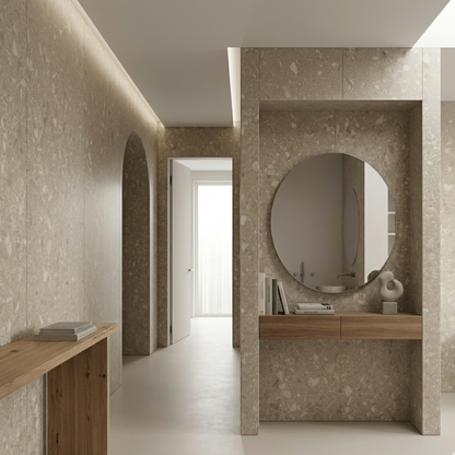 Modern interieur met beige terrazzo SPC wandpanelen, ronde spiegel en houten meubel in hal of badkamer